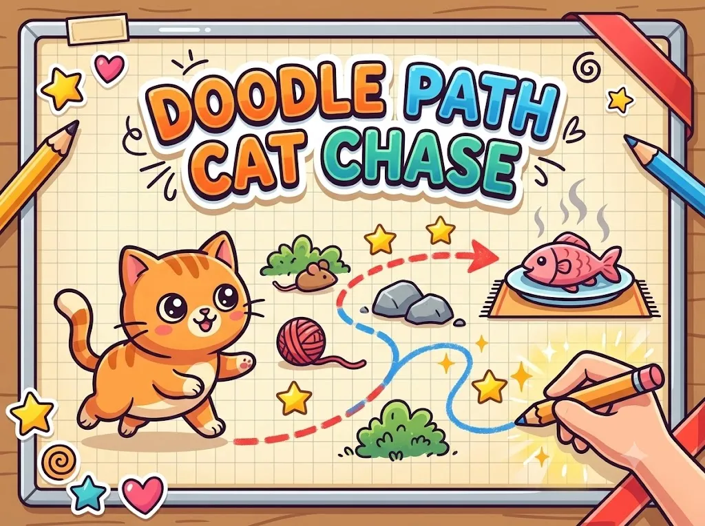 A hand-drawn orange cat on graph paper, with a pencil sketching a path around rocks and bushes toward a plate of fish
